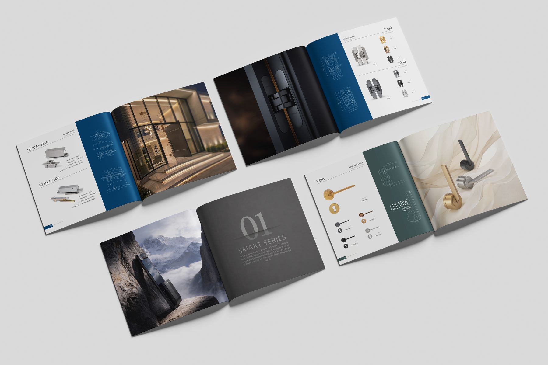 Square catalog fanned open across several spreads, showing numbered colour chapter openers and product pages