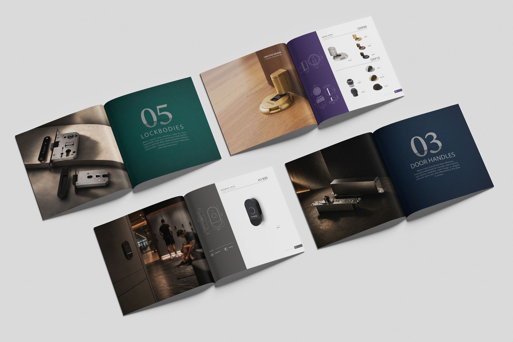 Further catalog spreads: chapter 05 Lockbodies and chapter 03 Door Handles beside dark installation photography