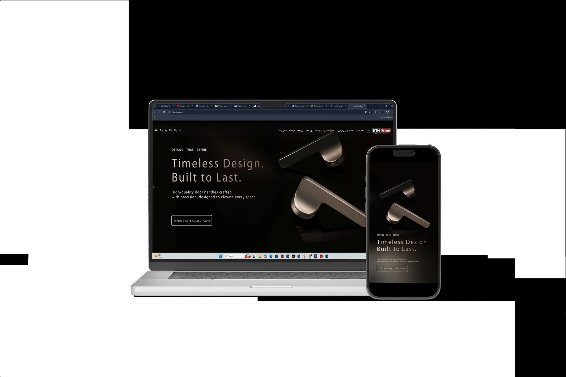Dark product site on laptop and phone with the headline Timeless Design, Built to Last