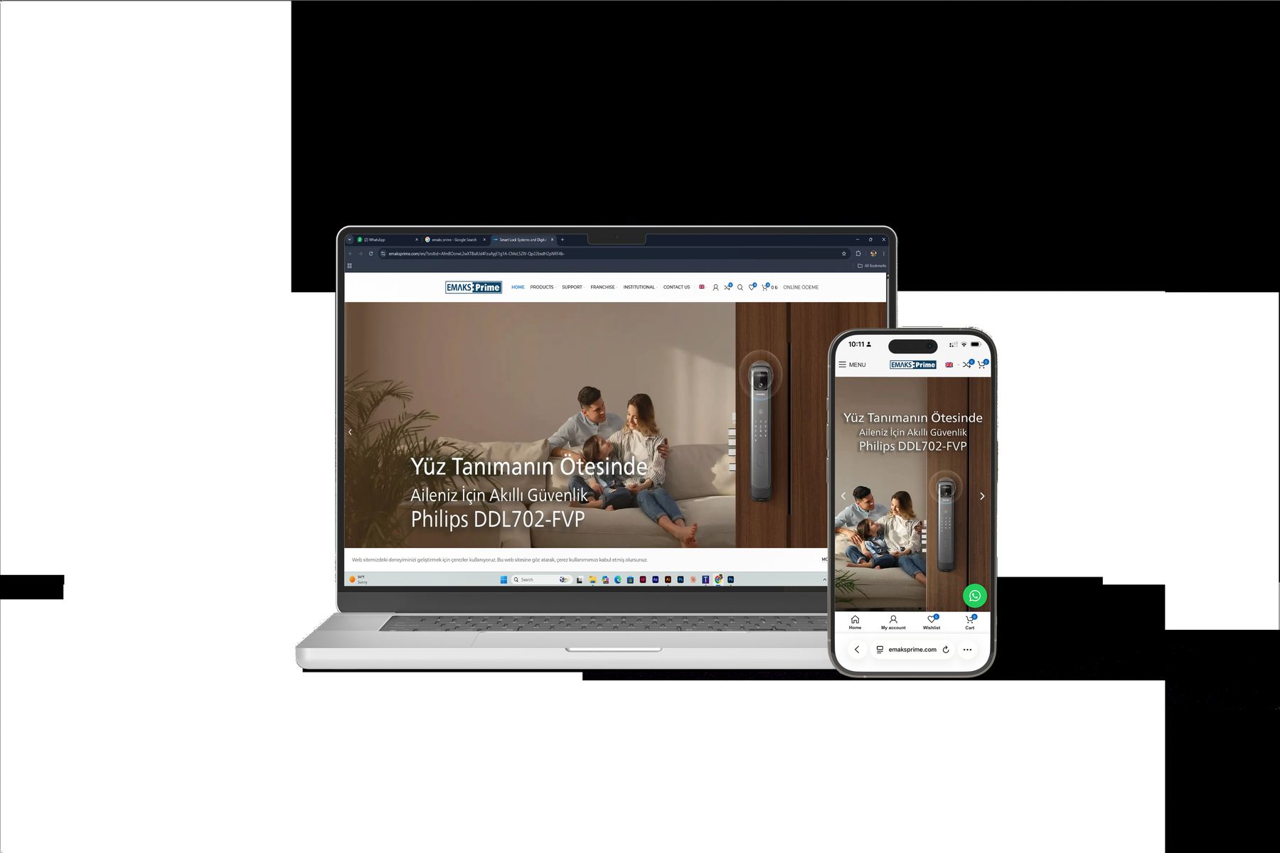 Turkish-language product page for a smart lock, shown on laptop and phone