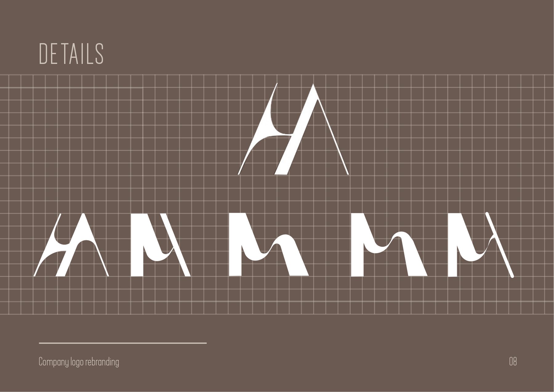 Construction page showing the shared angled stroke behind each letter, drawn on a grid