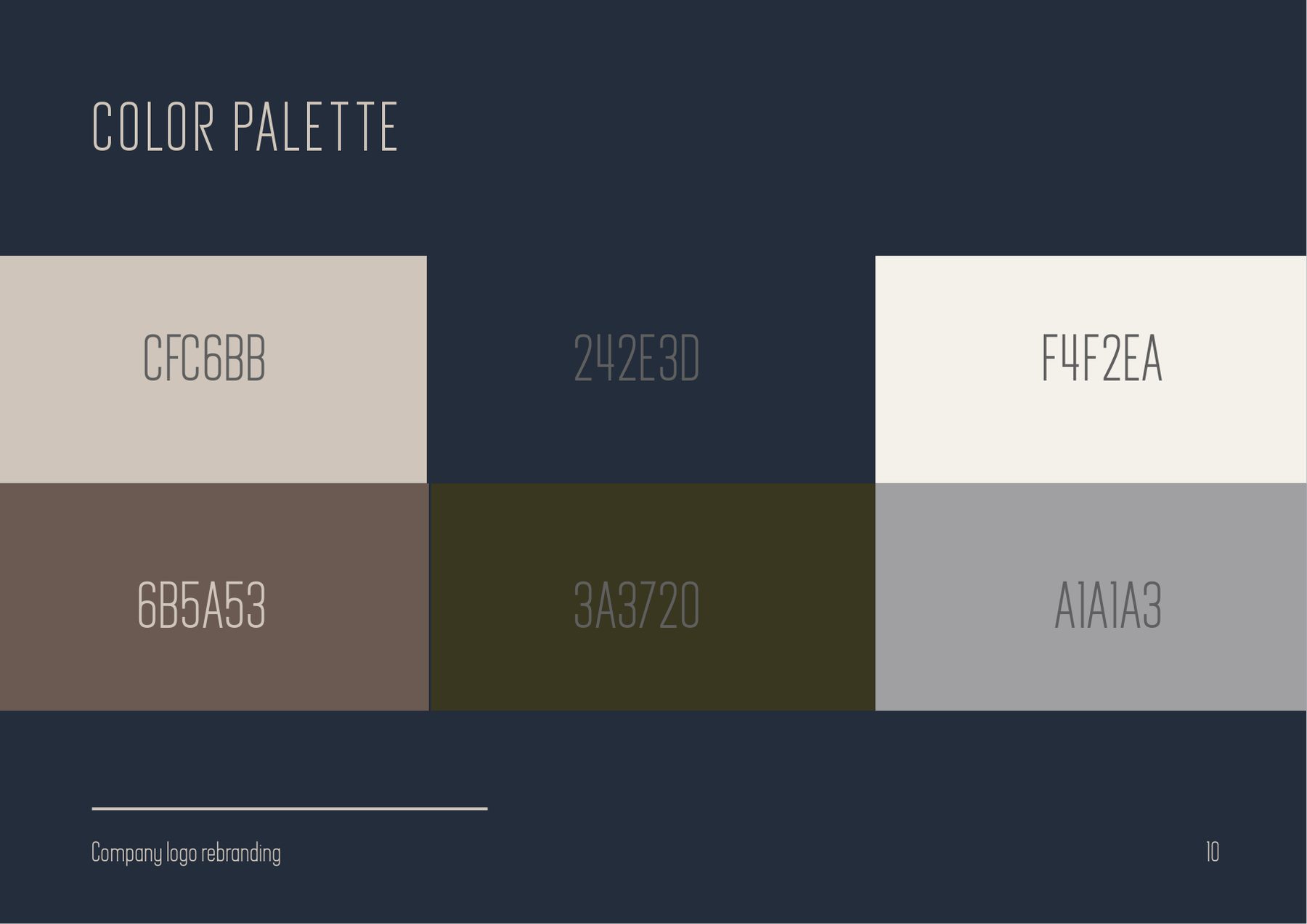 Colour palette page with six swatches and their hex values