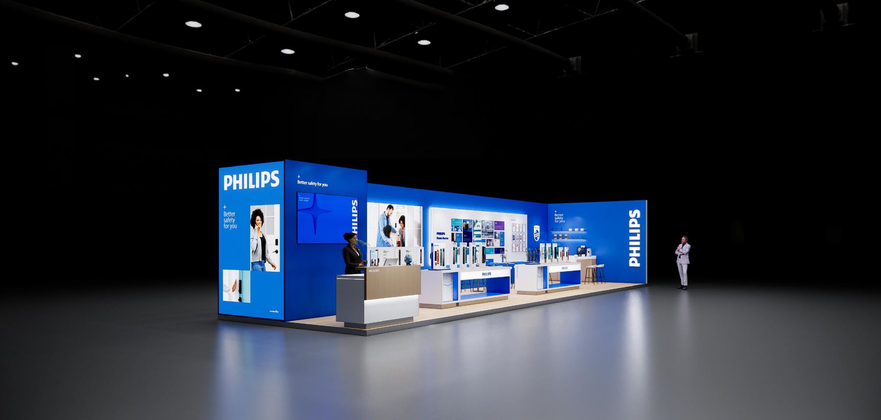 The stand from an angle, showing its full depth in the hall