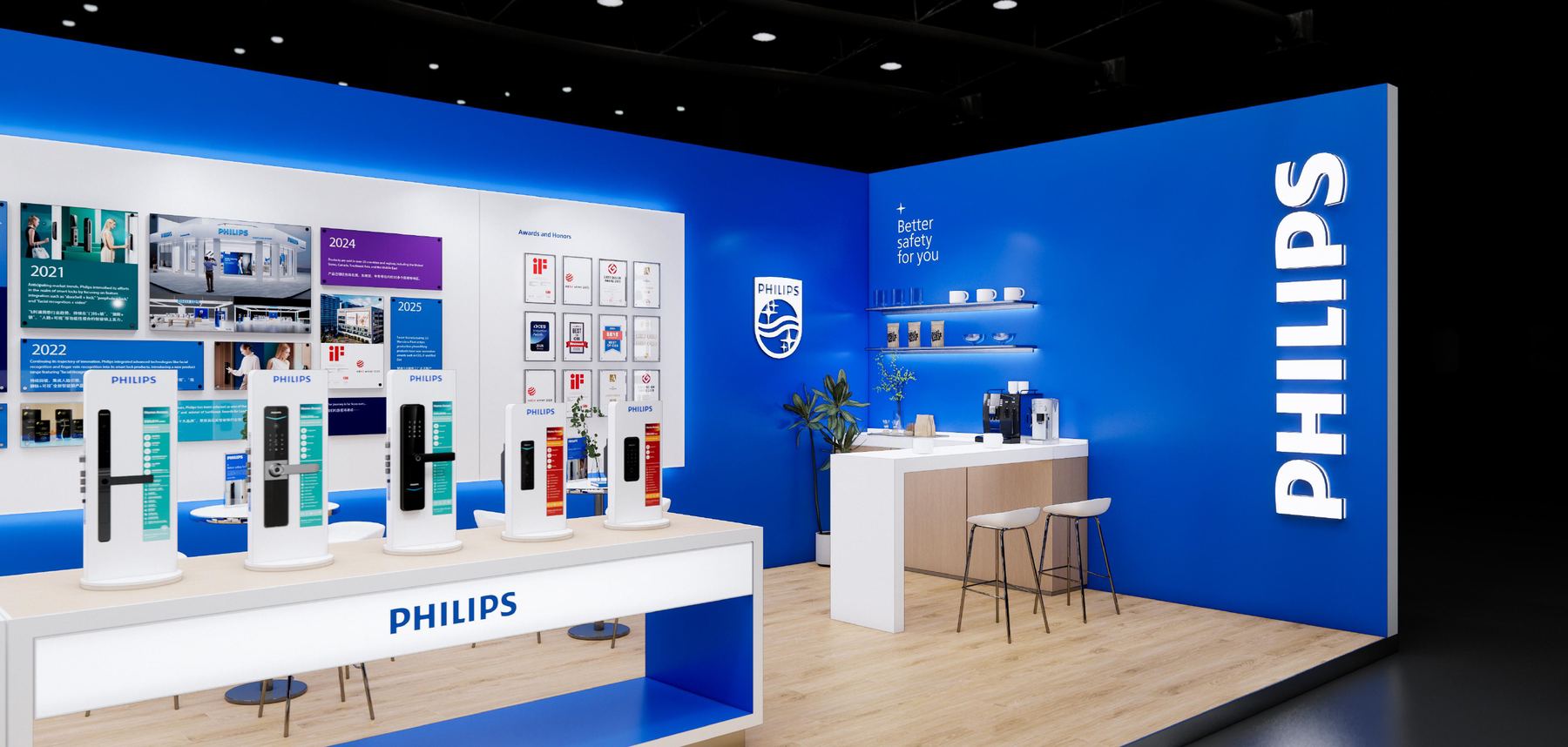 Stand interior: product wall, counter and brand lockup under warm light