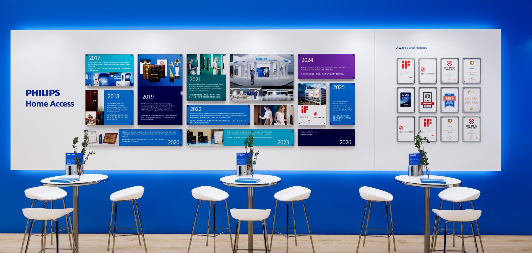 The long Philips Home Access wall carrying a timeline of design awards from 2018 to 2024